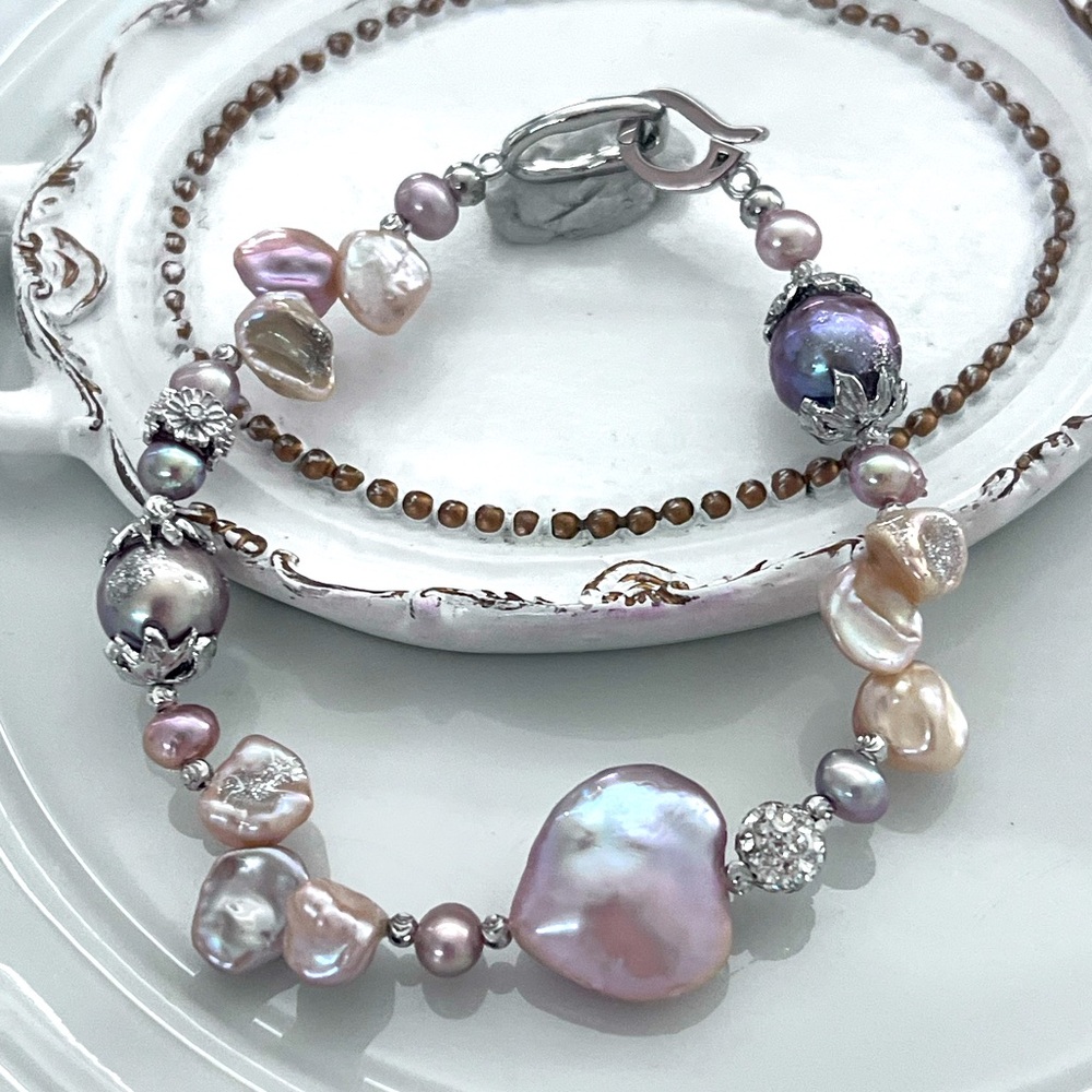 Handmade Freshwater Big Heart ❤️ Baroque Edison Keshi Pearl Bracelet